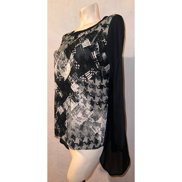 PHILOSOPHY Top Women's Size M Gray Black Print Polyester Blouse w/Knit Sleeves - Picture 4 of 6